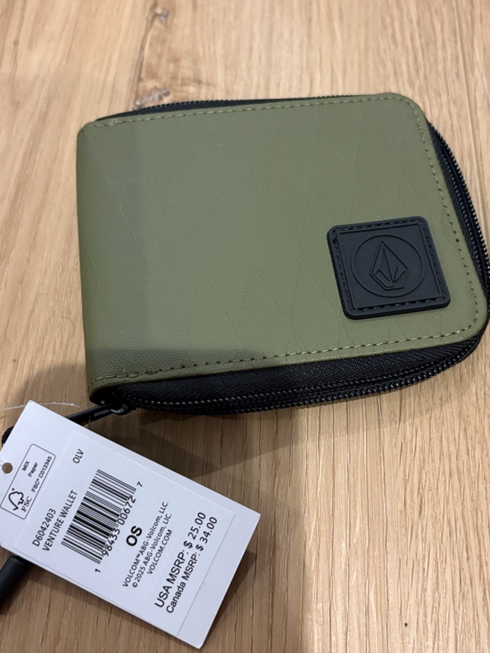 Volcom Olive and Black Zip Card Wallet